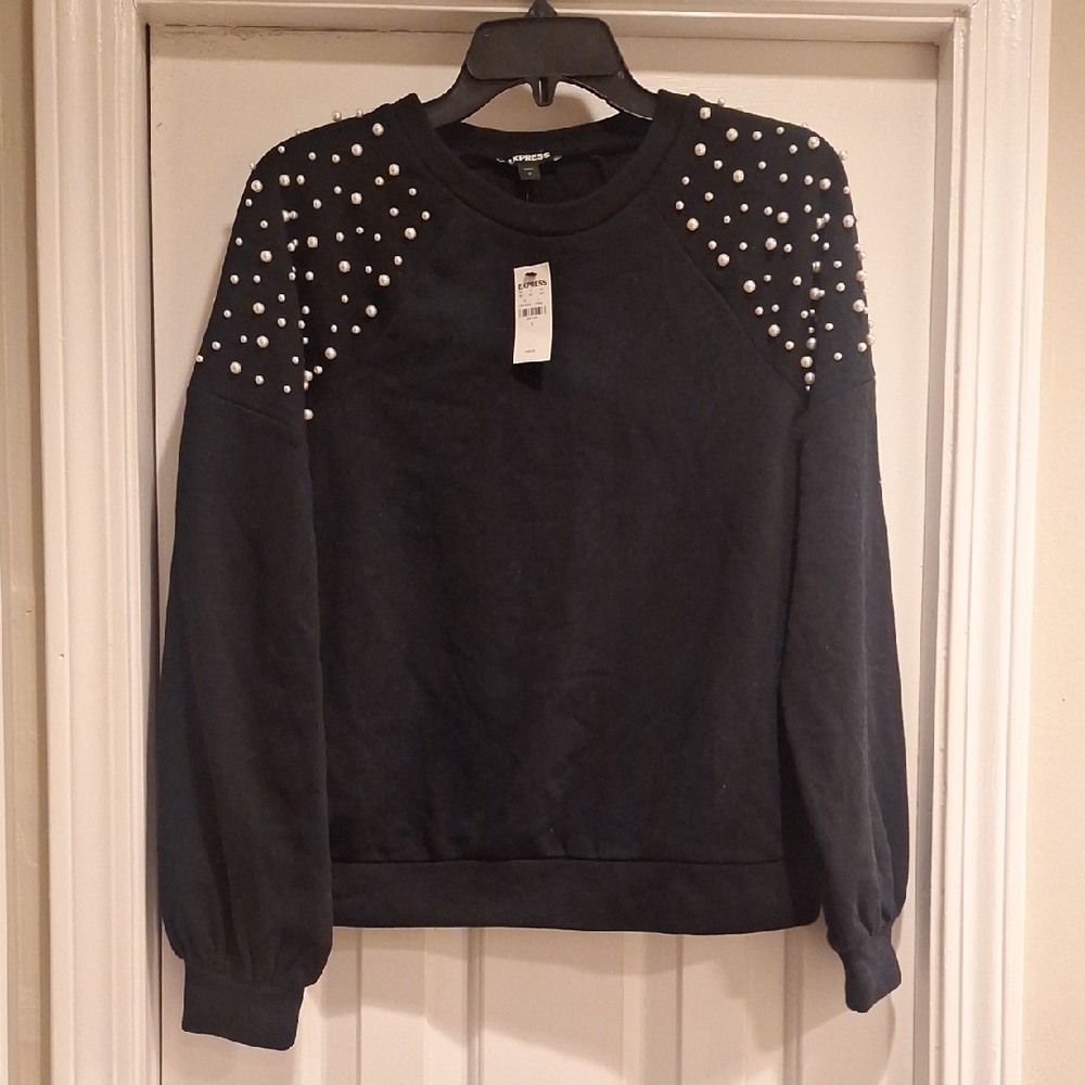 Express Black Sweatshirt with Pearl Embellishments